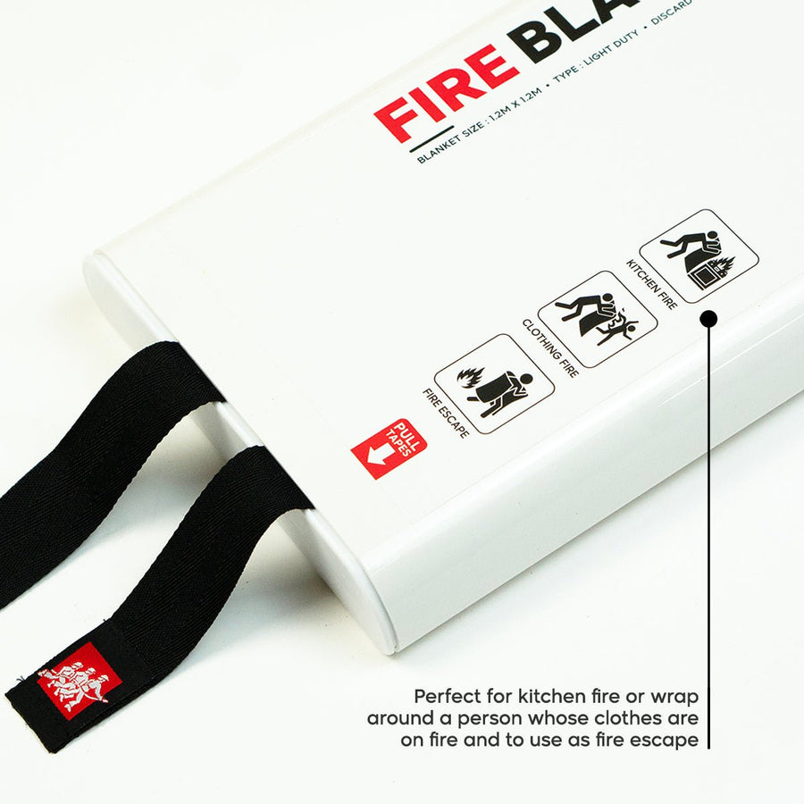 Fire blanket case with pull tapes