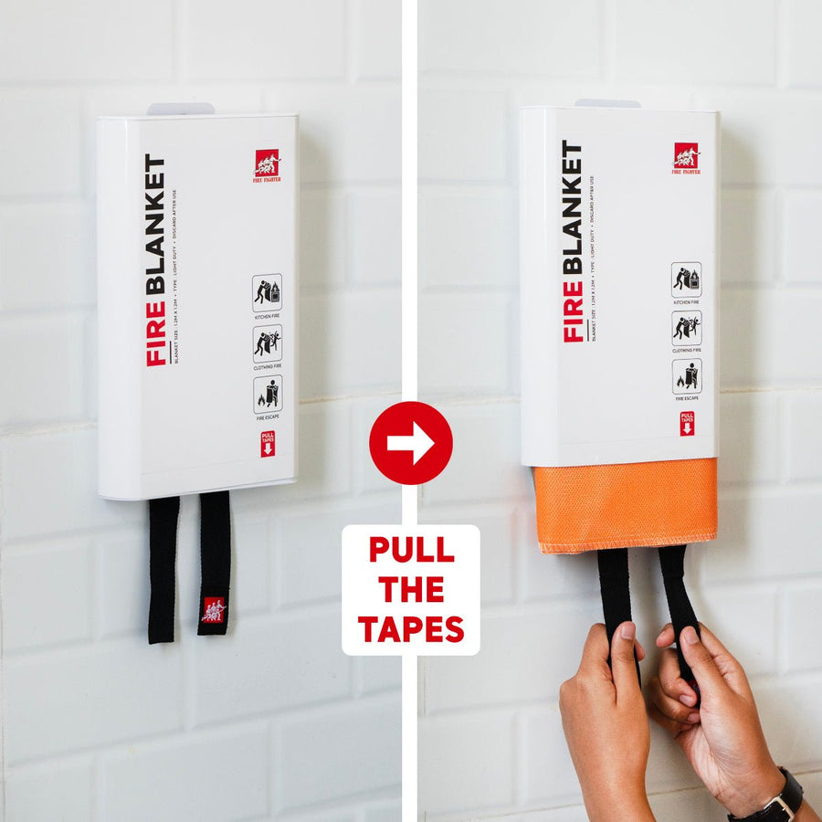 Pulling the two tapes to release the blanket from its case