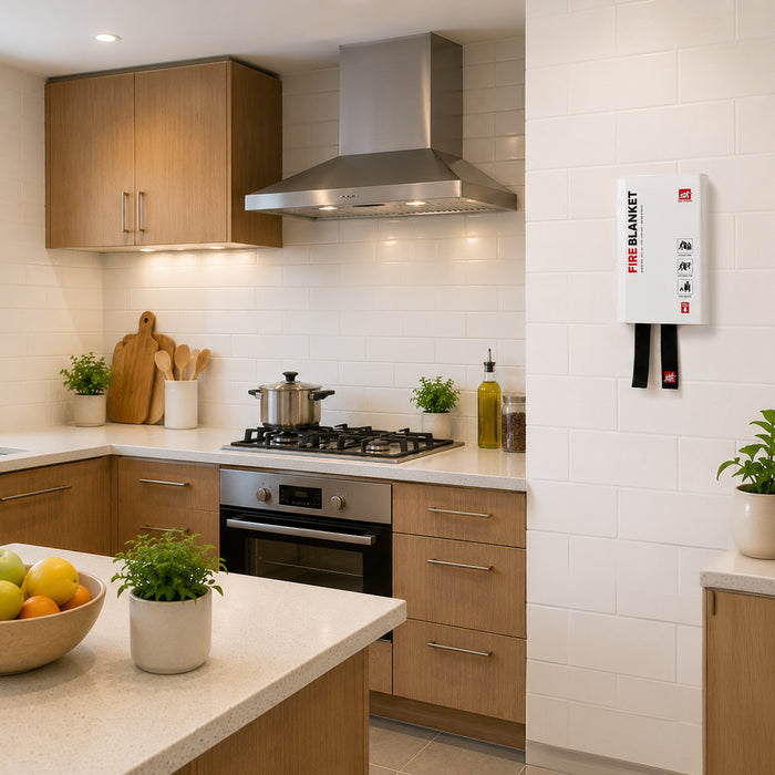 Fire blanket on a kitchen wall