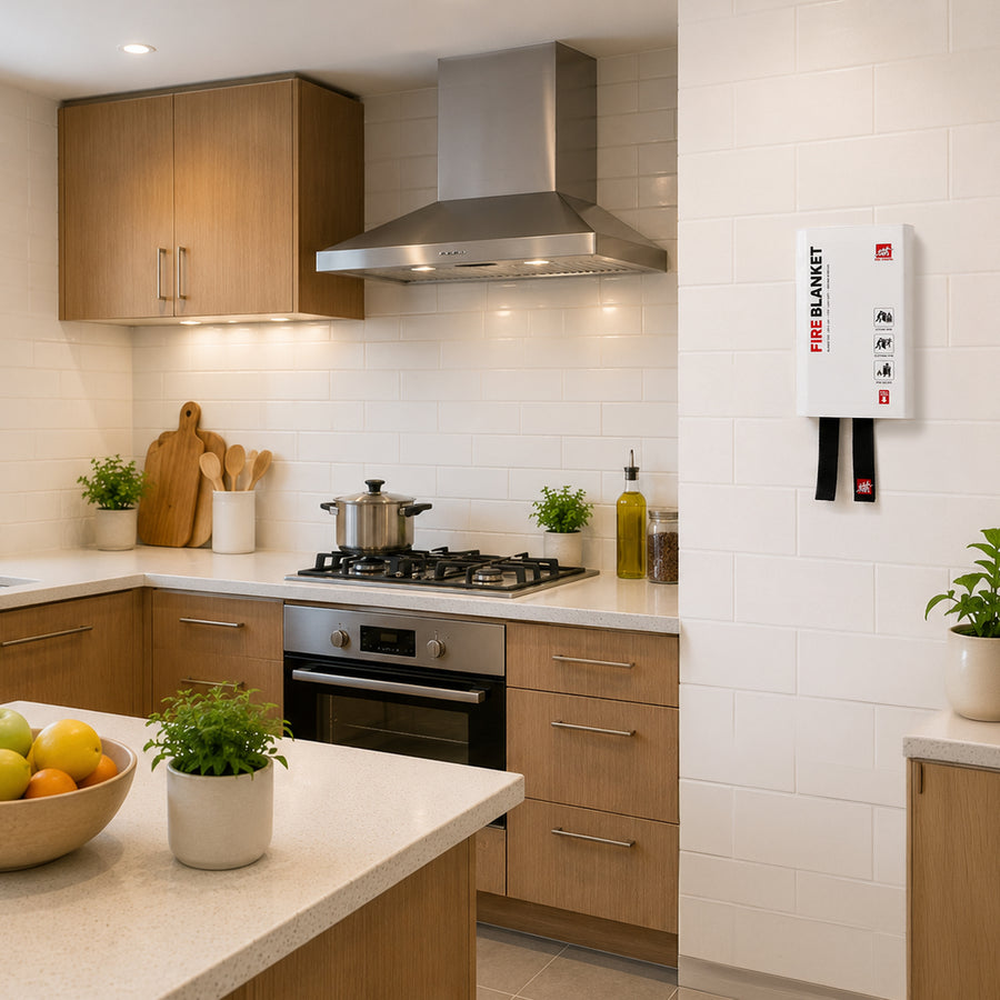 Fire blanket on a kitchen wall next to the cooker hood